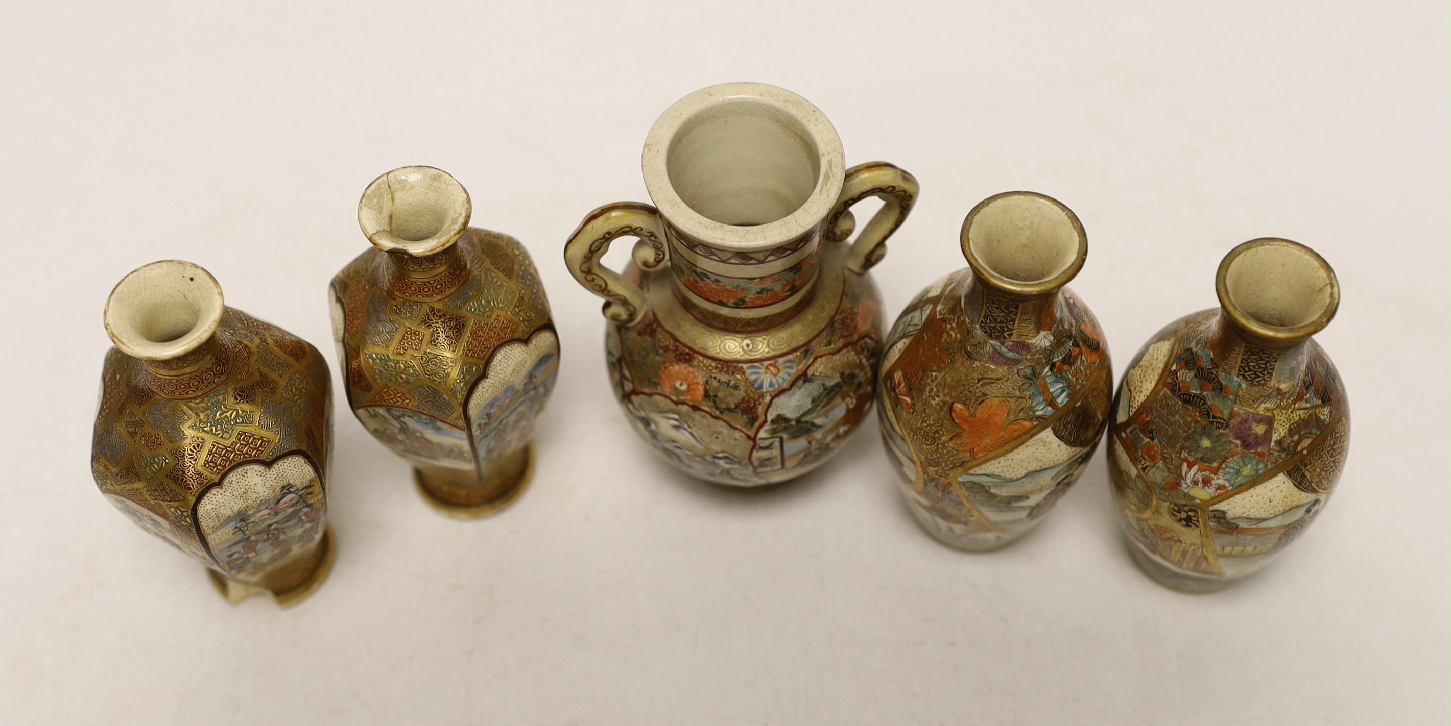 A collection of miniature Japanese satsuma, Meiji vases and a box and cover, box and cover 6cm diameter